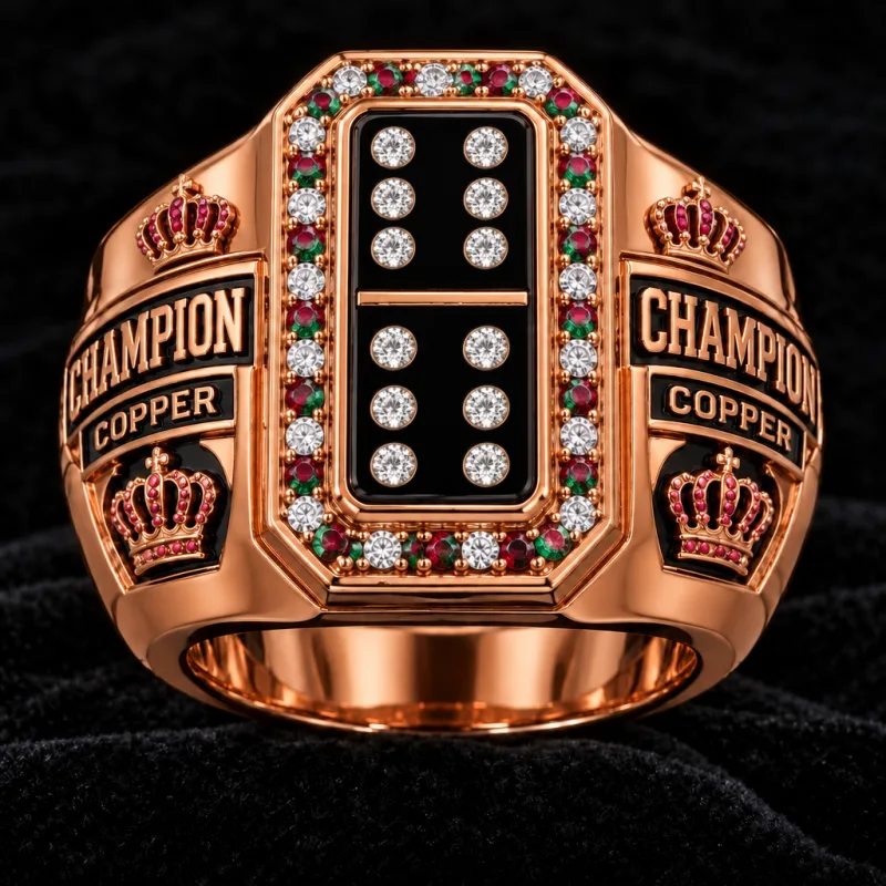 Copper Foundation · Double Six championship ring: plain copper with a double-six domino plate