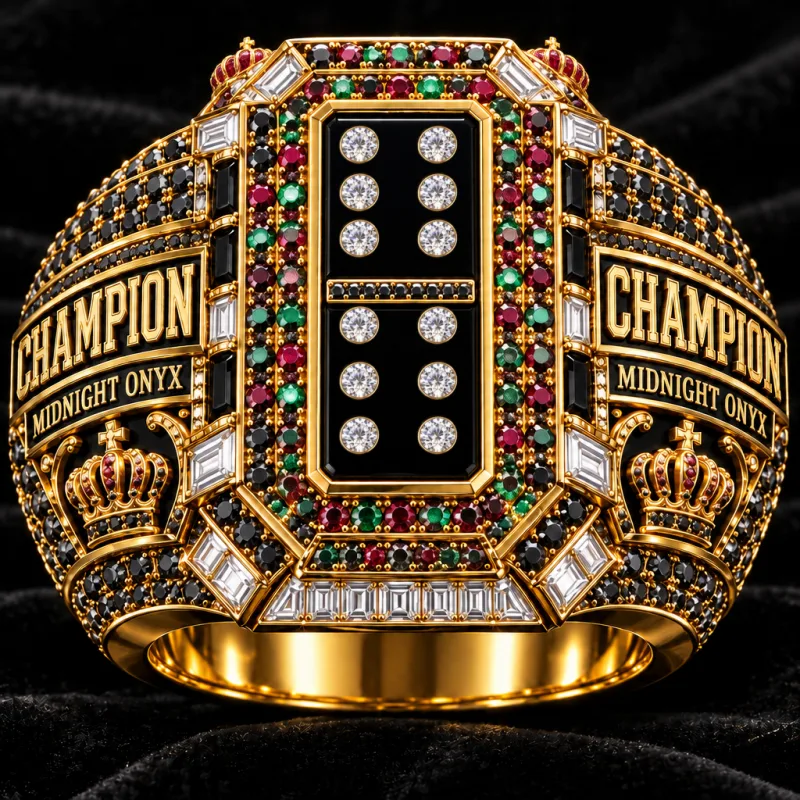 Midnight Onyx · Double Six championship ring: gold with black diamonds, rubies and emeralds